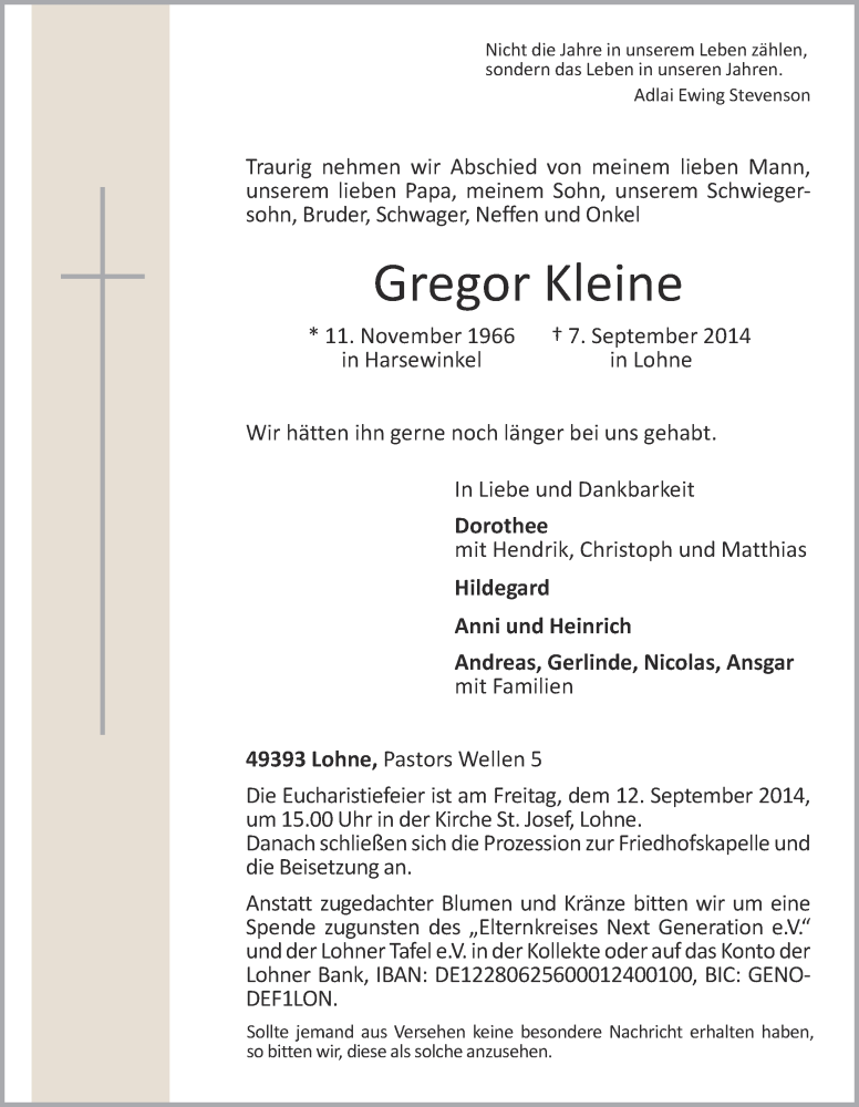 Traueranzeige für Gregor Kleine vom 09.09.2014 aus OM-Medien